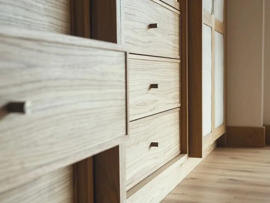 Close detail of oak drawer fronts with recessed handles on bespoke joinery