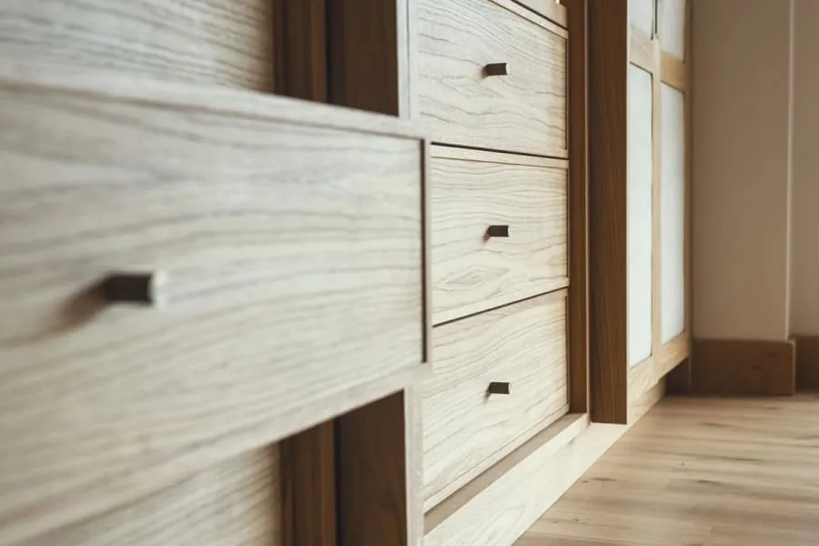 Close-up of pale oak drawer fronts with small dark pulls set in a timber frame, the kind of fitted storage we make for cottages in Shaldon