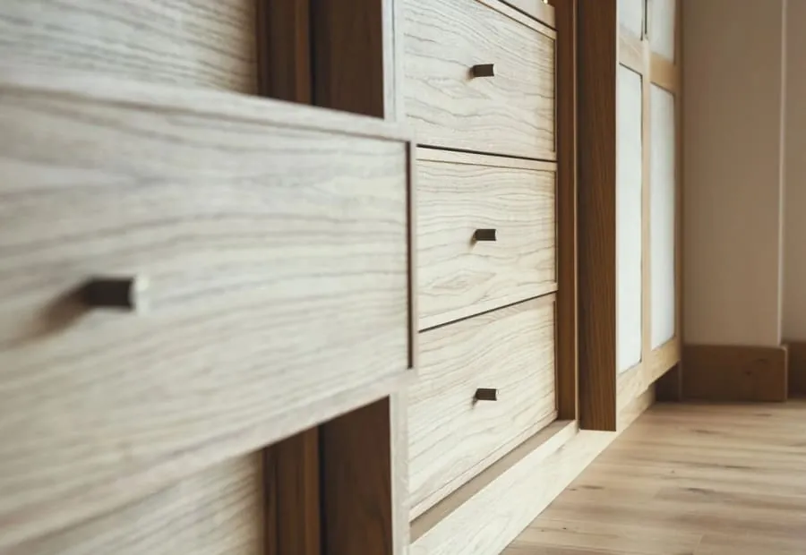 Close detail of oak drawer fronts made in our Torquay workshop, the kind of front fitted to under-stairs and eaves pull-outs
