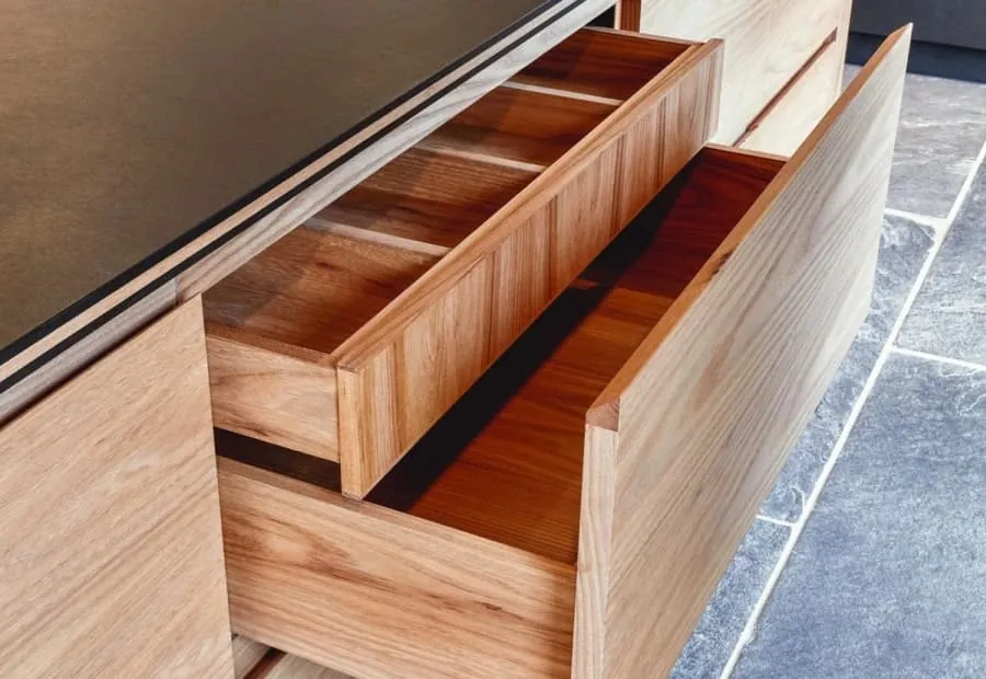 Solid timber drawer box pulled open in a cabinet made in our Torquay workshop, the construction a modular carcass does not use