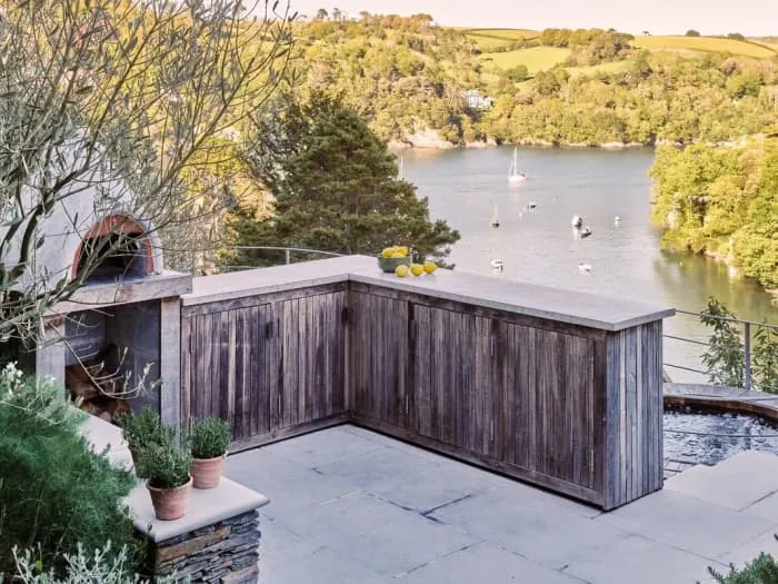 Outdoor timber bar built for a commercial client overlooking a Devon estuary