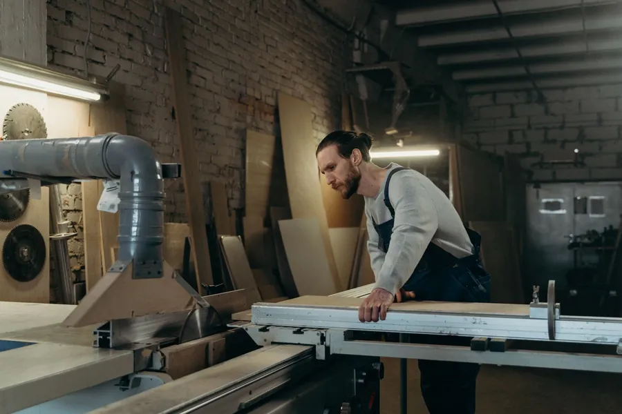 Joiner working sheet material on a panel saw, the workshop stage that sets lead times for Torquay bay joinery