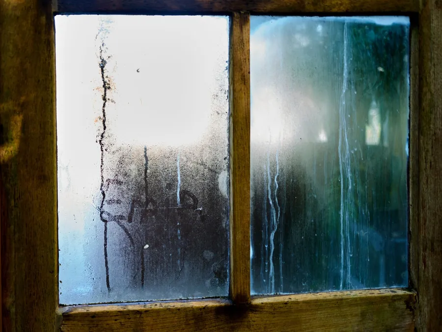 Condensation and mould streaks on an old timber window, the damp risk a Torbay bay window seat has to be built against