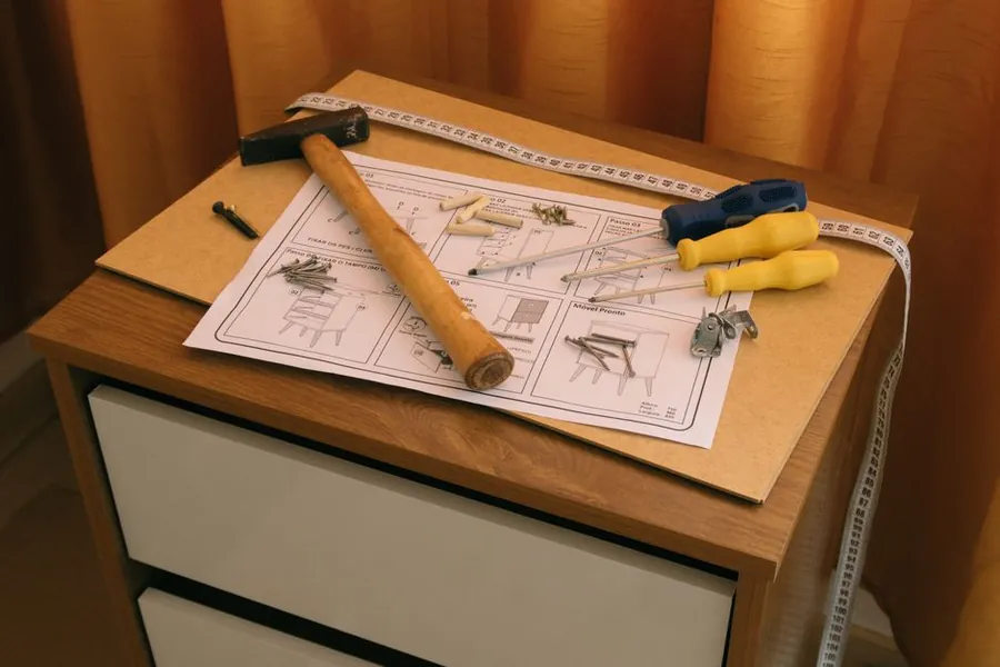 Flat-pack cabinet part-assembled with the instruction sheet and tools on top, the off-the-shelf alternative to bespoke joinery in Torquay
