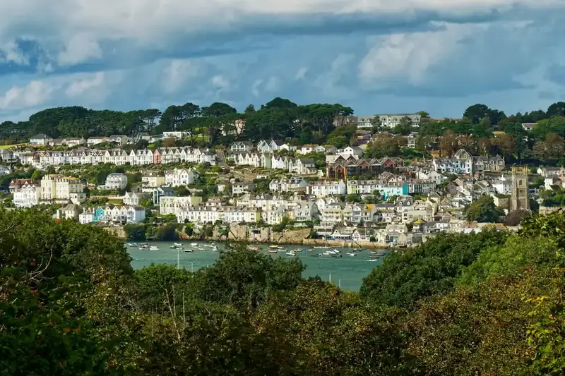 Painted houses stacked up a wooded hillside above a harbour full of moored boats