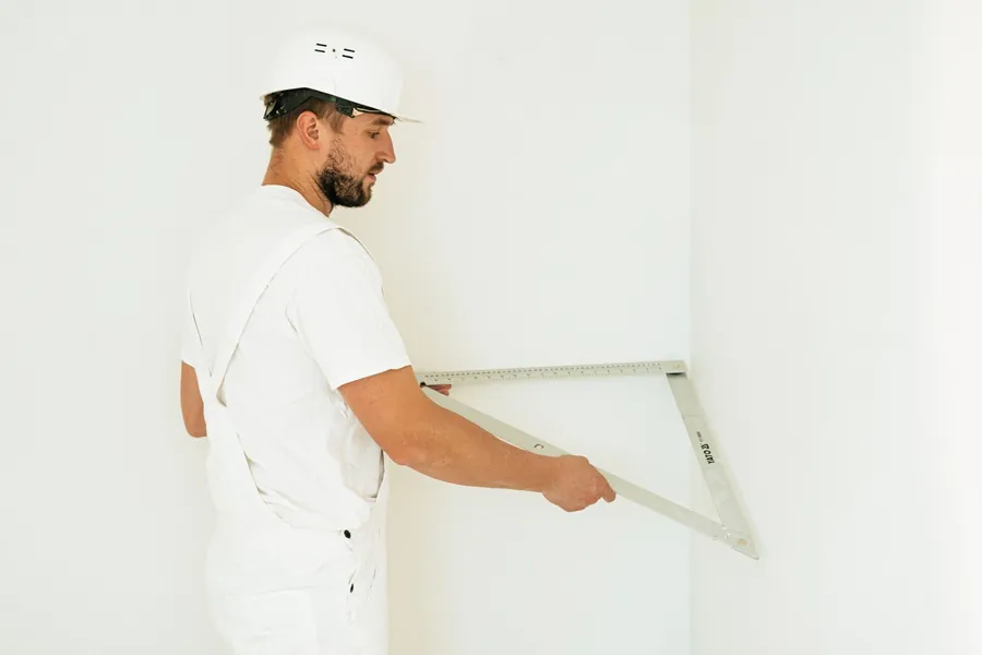 Checking an internal corner for square with a large builder's square during a joinery survey in Torquay