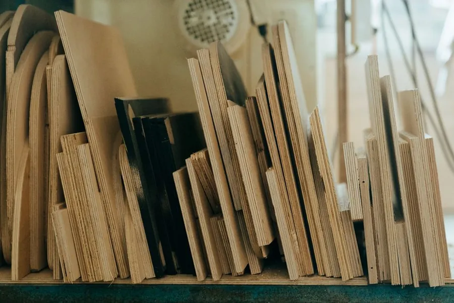 Stacked timber boards in a joinery workshop ready for staircase components