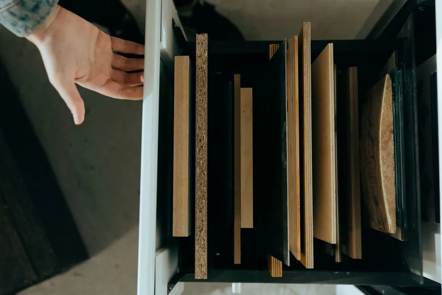 Drawer of board and veneer samples showing the cores that sit beneath fine timber surfaces