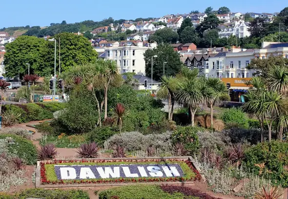 Dawlish spelled out in a flower bed, with houses and gardens on the hill behind