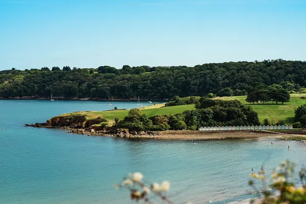 A clear blue bay with a small wooded island and green headland beyond