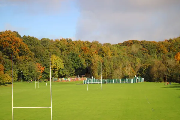 A park playing field edged by trees in autumn colour